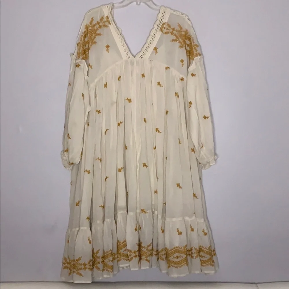 Free people oversized embroidered mp a line midi swing dress xs/s mustard ivory